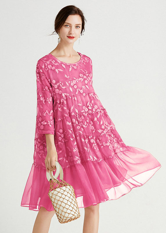 Boho Rose O-Neck Embroideried Chiffon Dress Spring