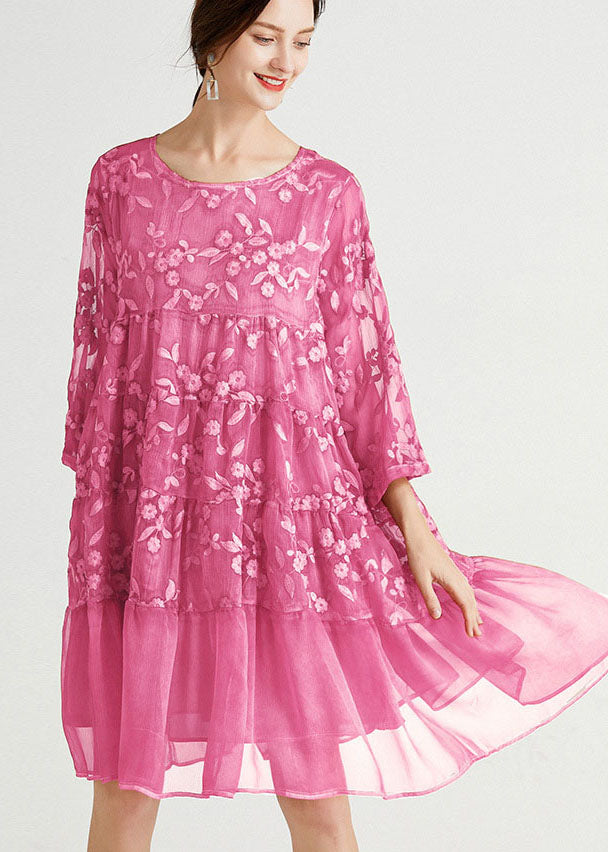 Boho Rose O-Neck Embroideried Chiffon Dress Spring