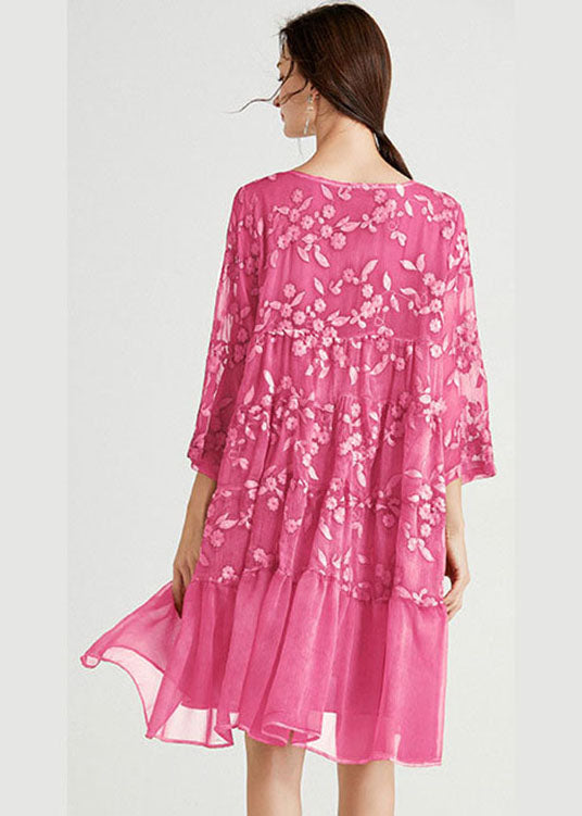 Boho Rose O-Neck Embroideried Chiffon Dress Spring