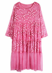 Boho Rose O-Neck Embroideried Chiffon Dress Spring