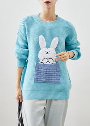 Boho Sky Blue Thick Patchwork Rabbit Knitted Tops Winter