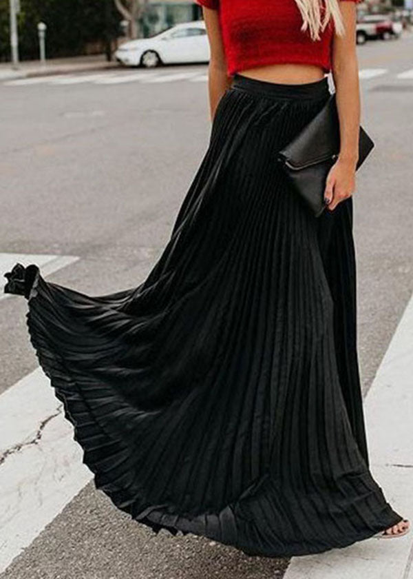 Boho Solid Black Elastic Waist Chiffon Pleated Skirts summer