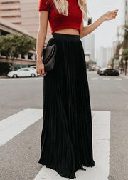 Boho Solid Black Elastic Waist Chiffon Pleated Skirts summer