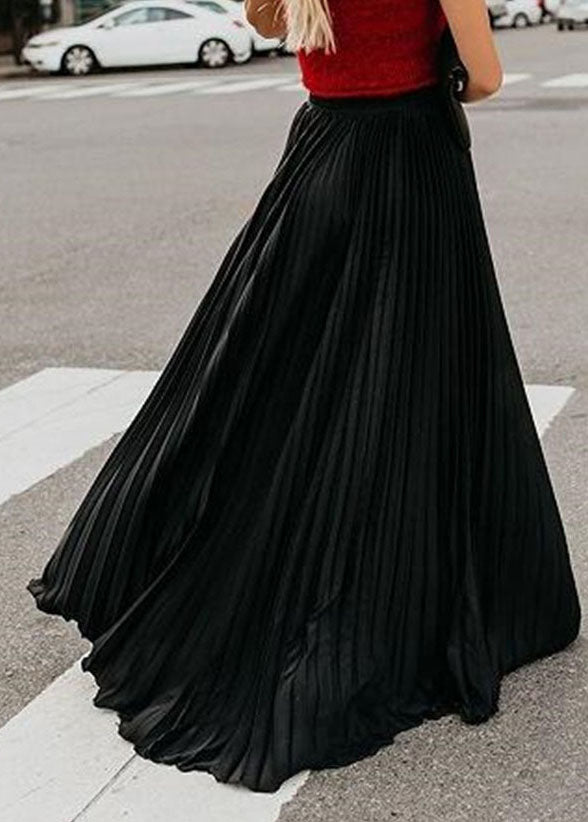 Boho Solid Black Elastic Waist Chiffon Pleated Skirts summer