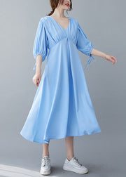 Boho Solid Blue V Neck Wrinkled Chiffon Long Dresses Bracelet Sleeve