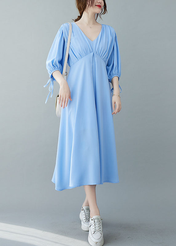 Boho Solid Blue V Neck Wrinkled Chiffon Long Dresses Bracelet Sleeve