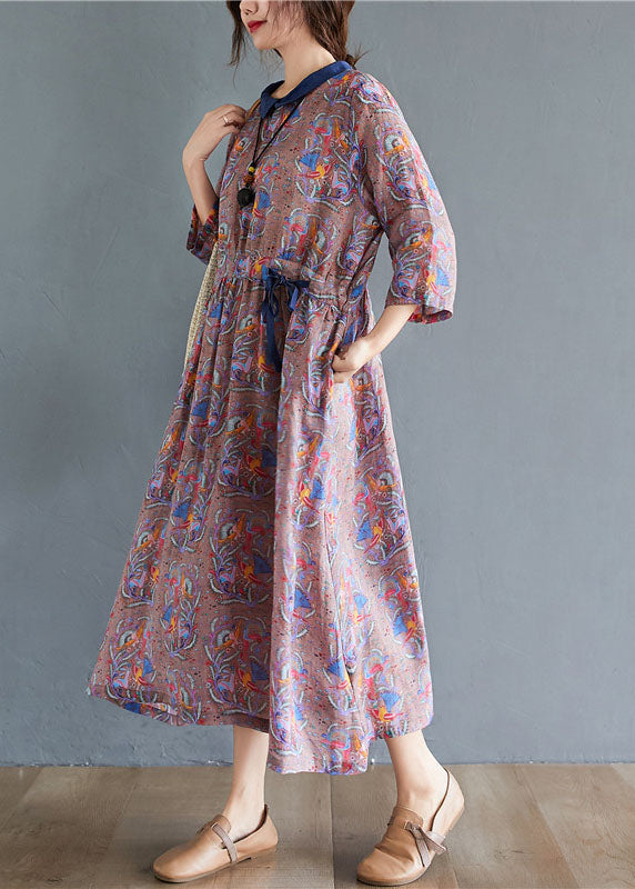 Boho Tie Waist Print Pockets Fall Mid Dress Half Sleeve