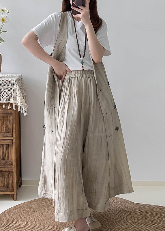 Boho Khaki Double Breast Wrinkled Linen Long Vest Fall