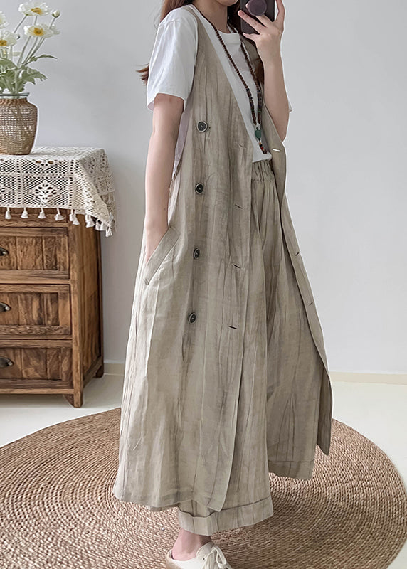 Boho Khaki Double Breast Wrinkled Linen Long Vest Fall