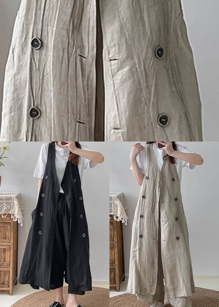 Boho Khaki Double Breast Wrinkled Linen Long Vest Fall