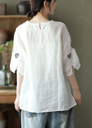 Boho White O-Neck Embroideried Summer Ramie Blouse Half Sleeve - bagstylebliss