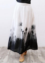 Boho White Print A Line Fall Linen Skirts - bagstylebliss