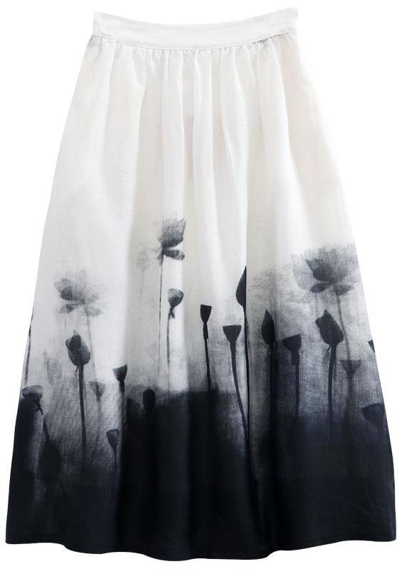 Boho White Print A Line Fall Linen Skirts - bagstylebliss