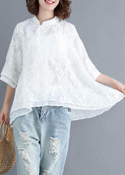 Boho White Stand Collar Asymmetrical Design Summer Tops Three Quarter Sleeve Shirt - bagstylebliss