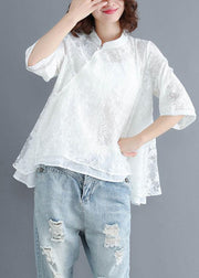 Boho White Stand Collar Asymmetrical Design Summer Tops Three Quarter Sleeve Shirt - bagstylebliss