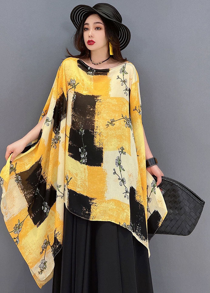 Boho Yellow Asymmetrical Print Chiffon Tops And Skirts Two Piece Outfit Summer