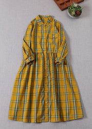 Boho Yellow Green Plaid Pockets ButtonTie Waist Fall Wrinkled Maxi Dress Long Sleeve - bagstylebliss