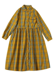 Boho Yellow Green Plaid Pockets ButtonTie Waist Fall Wrinkled Maxi Dress Long Sleeve - bagstylebliss