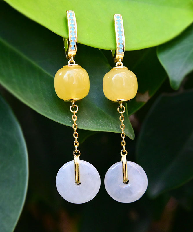 Boho Yellow Sterling Silver Overgild Jade Beeswax Drop Earrings