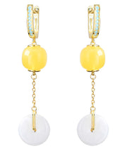 Boho Yellow Sterling Silver Overgild Jade Beeswax Drop Earrings