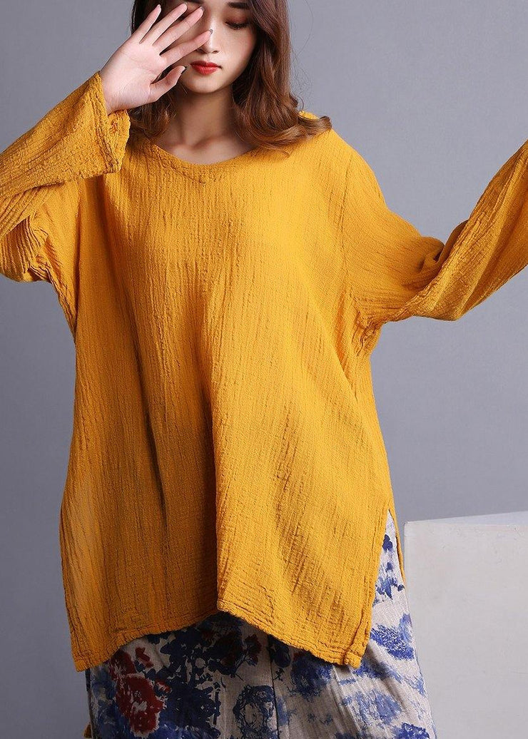 Boho Yellow U Neck low high design Linen Spring Shirt - bagstylebliss