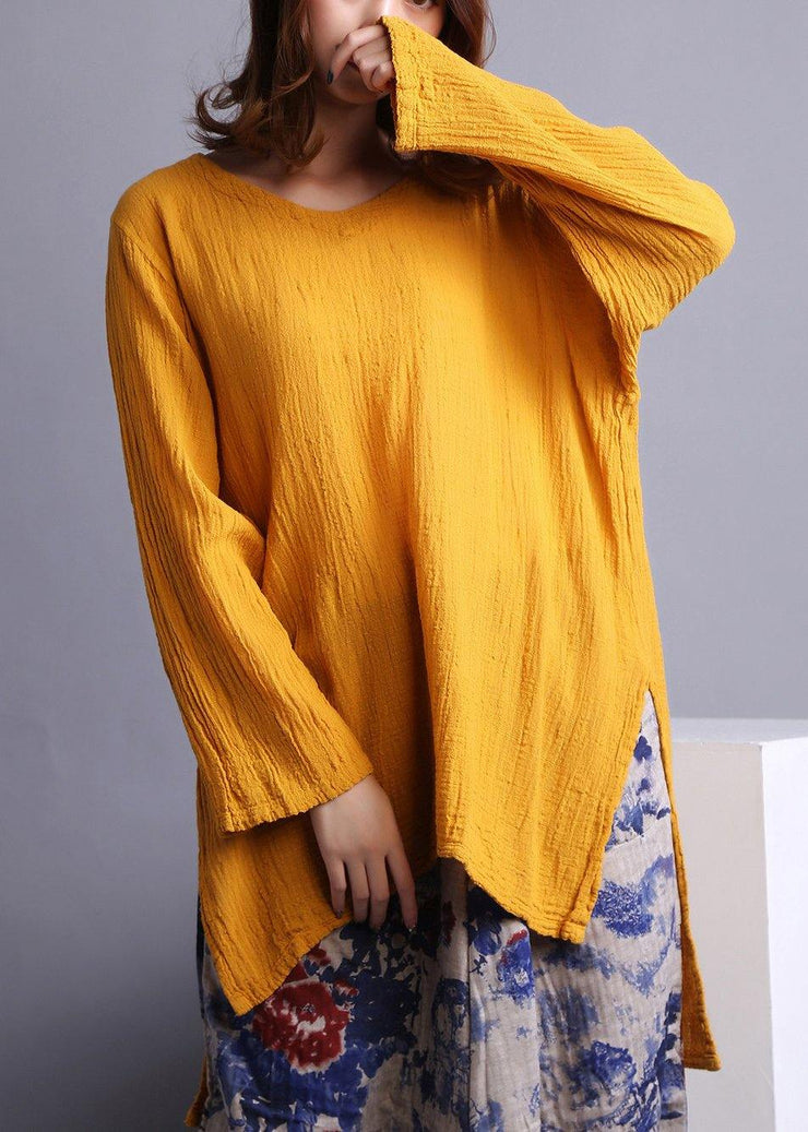 Boho Yellow U Neck low high design Linen Spring Shirt - bagstylebliss
