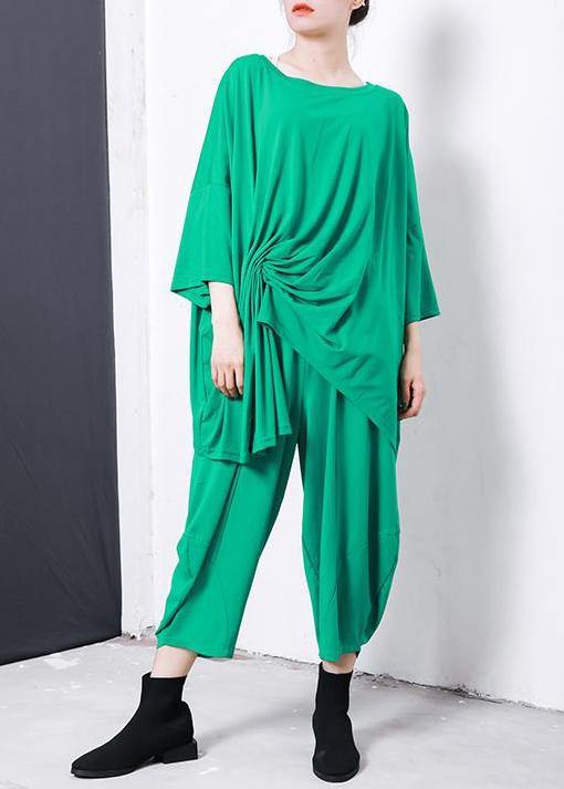Boho green Irregular Design T-Shirt Elegant cotton Pleated Solid Color clothes - bagstylebliss