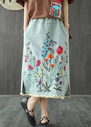 Boho Dark Blue Embroidered Tasseled A Line Summer Skirts Denim