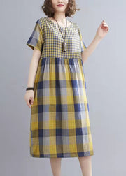 Boho Yellow Plaid Pockets Patchwork Fall Holiday Dress Long sleeve