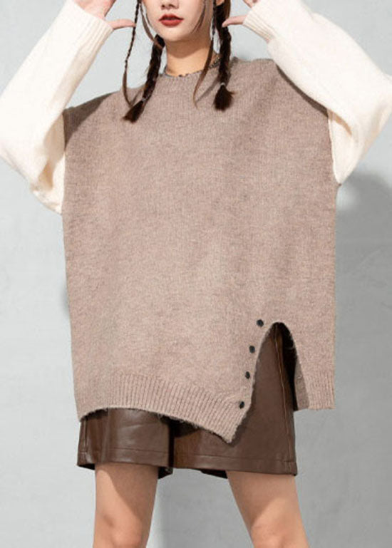 Boutique Apricot O-Neck Asymmetrical thick Patchwork Woolen Sweater Tops Spring