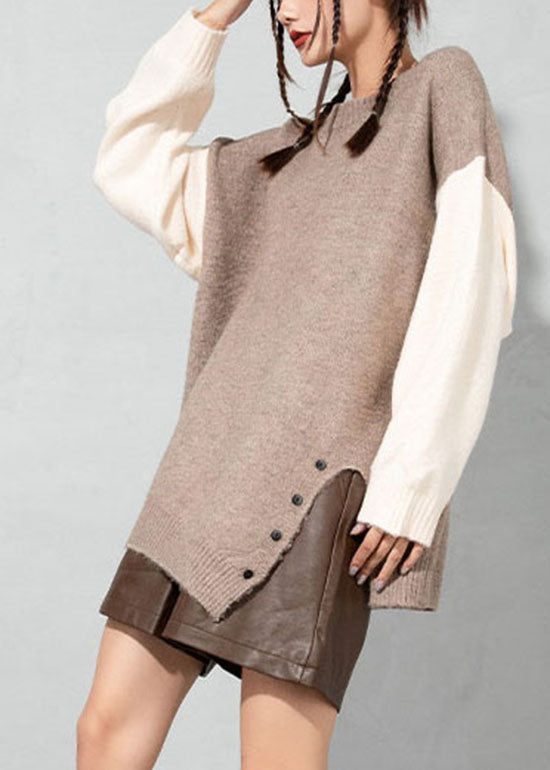 Boutique Apricot O-Neck Asymmetrical thick Patchwork Woolen Sweater Tops Spring