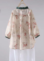 Boutique Apricot Peter Pan Collar Print Patchwork Linen Shirt Tops Summer