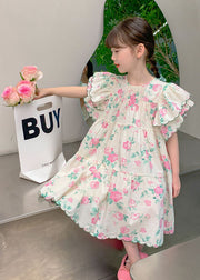 Boutique Apricot Print Patchwork Cotton Kids Girls Dresses Butterfly Sleeve