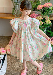 Boutique Apricot Print Patchwork Cotton Kids Girls Dresses Butterfly Sleeve