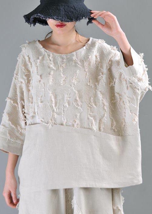 Boutique Beige Patchwork Batwing Sleeve Cotton Linen Top Summer - bagstylebliss