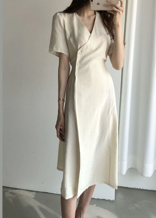 Boutique Beige V Neck fashion Cotton Long Dresses Short Sleeve