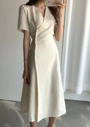 Boutique Beige V Neck fashion Cotton Long Dresses Short Sleeve