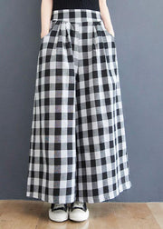Boutique Big grid High Waist Wide Leg Pants Summer Cotton Linen - bagstylebliss