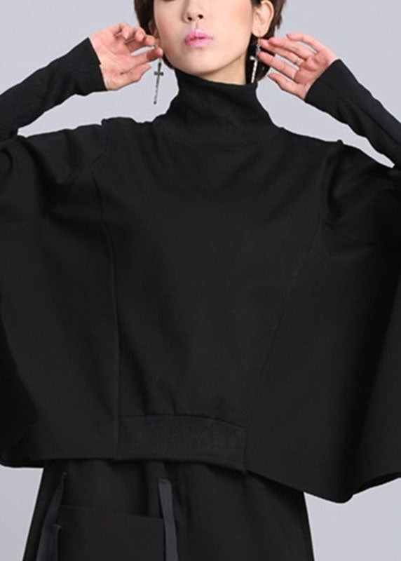 Boutique Black Bat Wing Sleeve Turtleneck Loose Asymmetrical Design Fall Tops