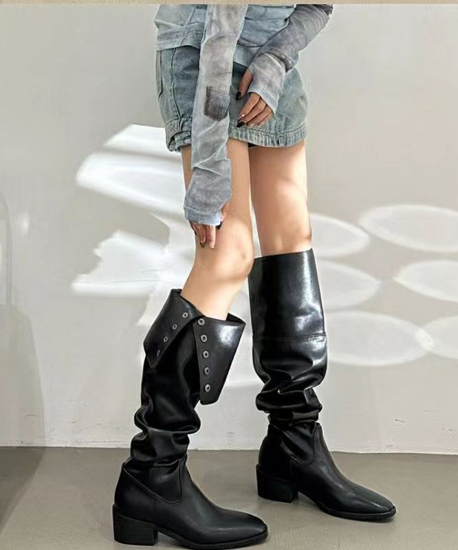 Boutique Black Faux Leather Splicing Rivet Long Boots