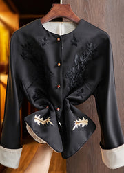 Boutique Black O-Neck Embroidered Patchwork Silk Coats Fall
