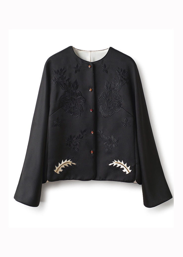 Boutique Black O-Neck Embroidered Patchwork Silk Coats Fall
