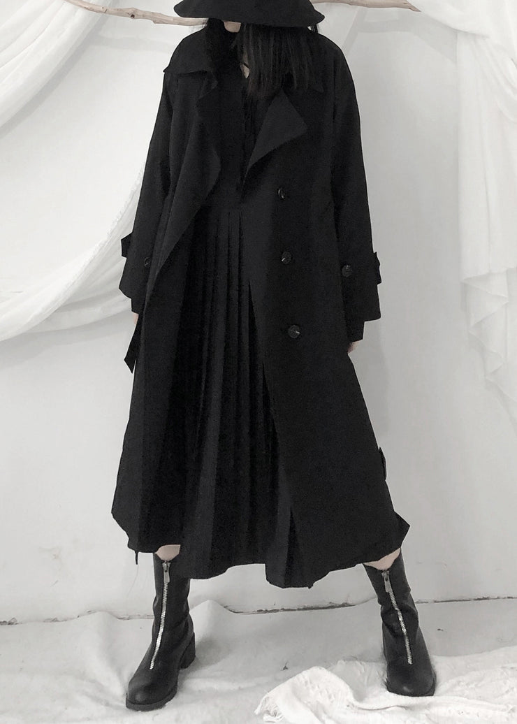 Boutique Black Peter Pan Collar Sashes Button Long Trench Coats Long Sleeve