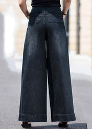 Boutique Black Pockets Draping Cotton Denim Straight Pants Spring