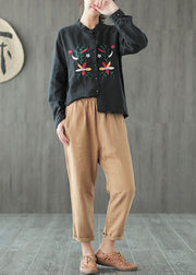 Boutique Black Stand Collar Embroidered Ruffled Low High Design Linen Shirt Long Sleeve