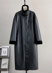 Boutique Black Stand Collar Leather And Fur Warm Coat Winter