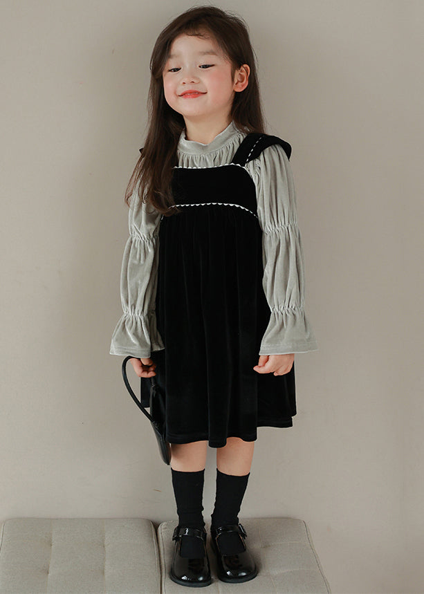 Boutique Black Turtleneck Wrinkled Velour Girls Two Pieces Set Flare Sleeve