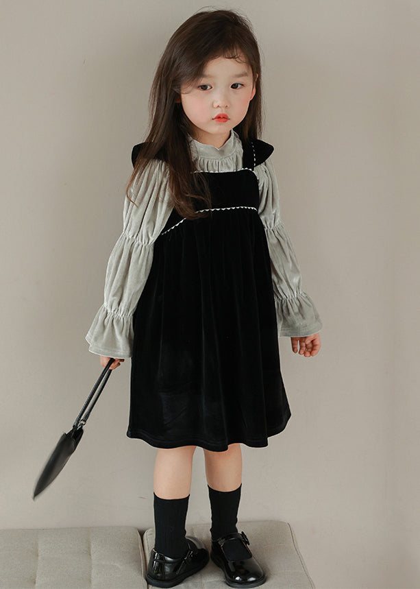 Boutique Black Turtleneck Wrinkled Velour Girls Two Pieces Set Flare Sleeve