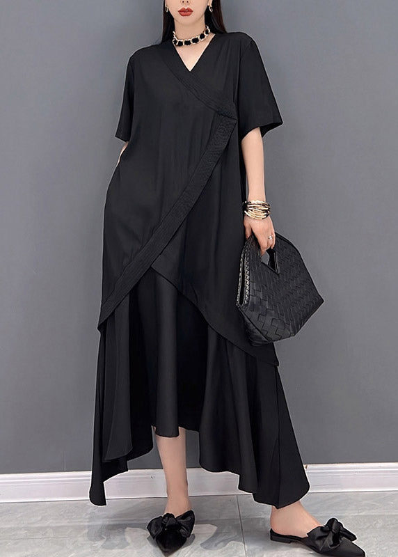 Boutique Black V Neck Asymmetrical Patchwork Long Dress Short Sleeve