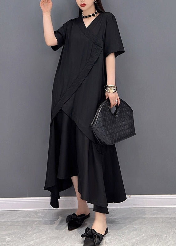 Boutique Black V Neck Asymmetrical Patchwork Long Dress Short Sleeve